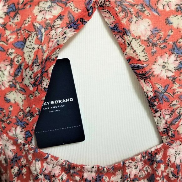 Top, Blouse. Terracotta, Ivory, Blue Floral Print. Lucky Brand. Size S/P. NWT - Picture 5 of 11